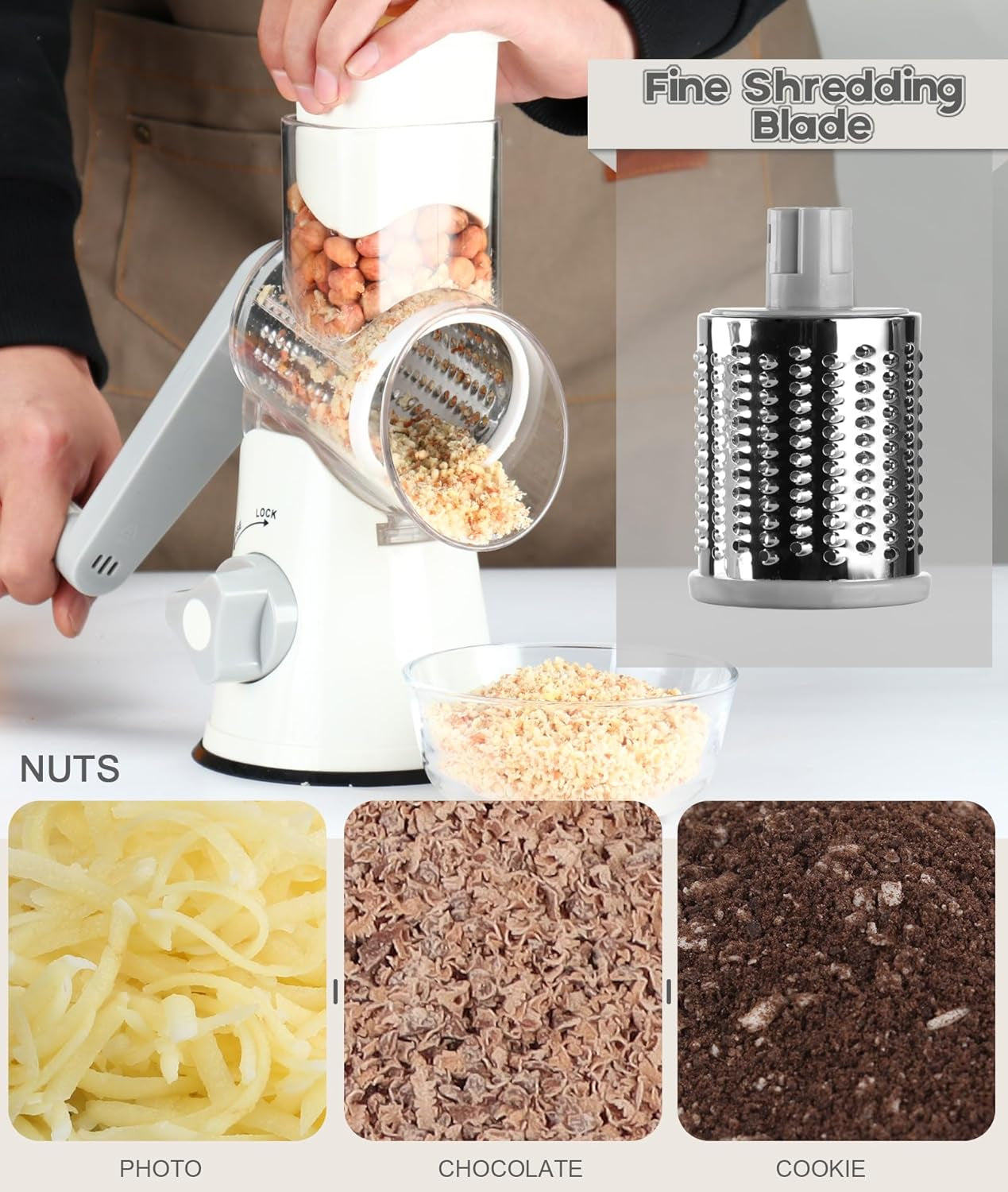 Rotary Cheese Grater Hand Crank, Kitchen Shredder Speed Mandolin Slicer Nuts Grinder with Handle and Drum Blades for Cheese, Vegetable, Walnuts, Chocolate, Potato, Carrot, 3 Blades, White