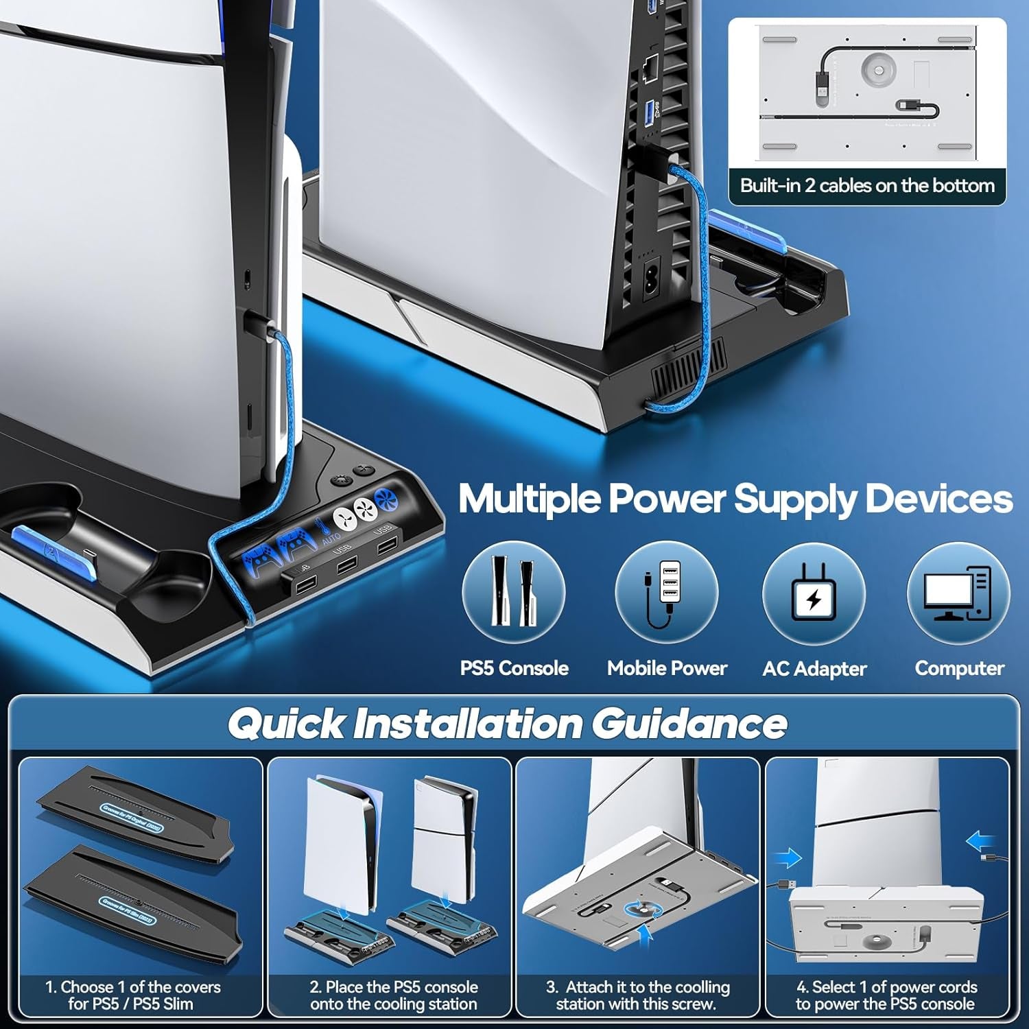 PS5 Slim/Ps5 Cooling Station with Dual Charger Station & Auto Cooling Fan by Temp Control & Lights, PS5 Stand Base with 4 Fan Speeds, PS5 Accessories Docking Station for Playstation 5 Skin Sets