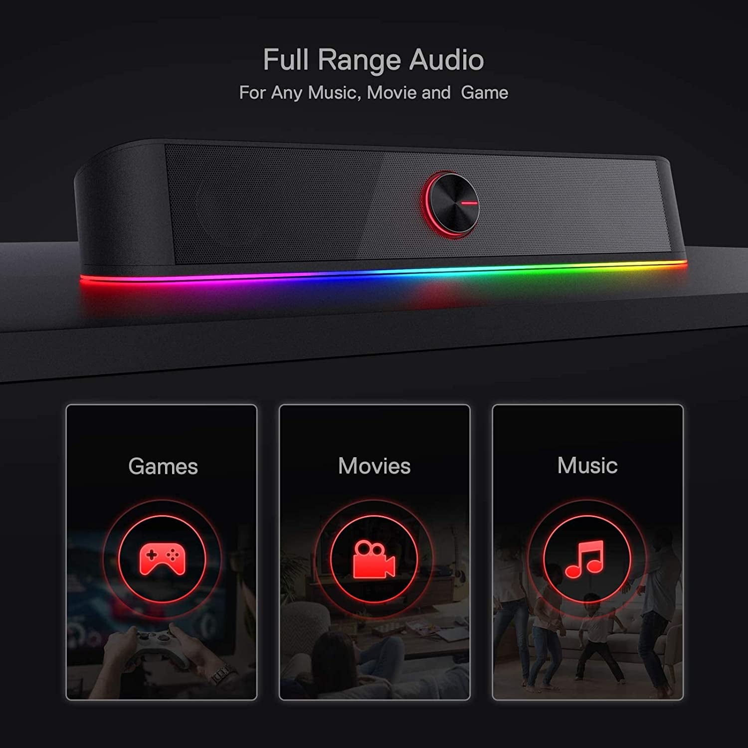 GS560 RGB Desktop Soundbar - 2.0 Channel Computer Speaker with Dynamic Lighting, Touch Control, USB Powered & 3.5mm Connectivity, Sleek Black Finish