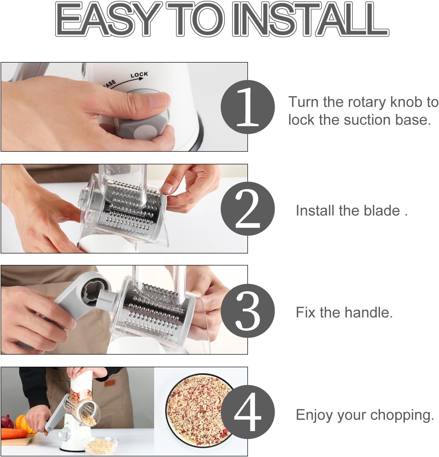 Rotary Cheese Grater Hand Crank, Kitchen Shredder Speed Mandolin Slicer Nuts Grinder with Handle and Drum Blades for Cheese, Vegetable, Walnuts, Chocolate, Potato, Carrot, 3 Blades, White