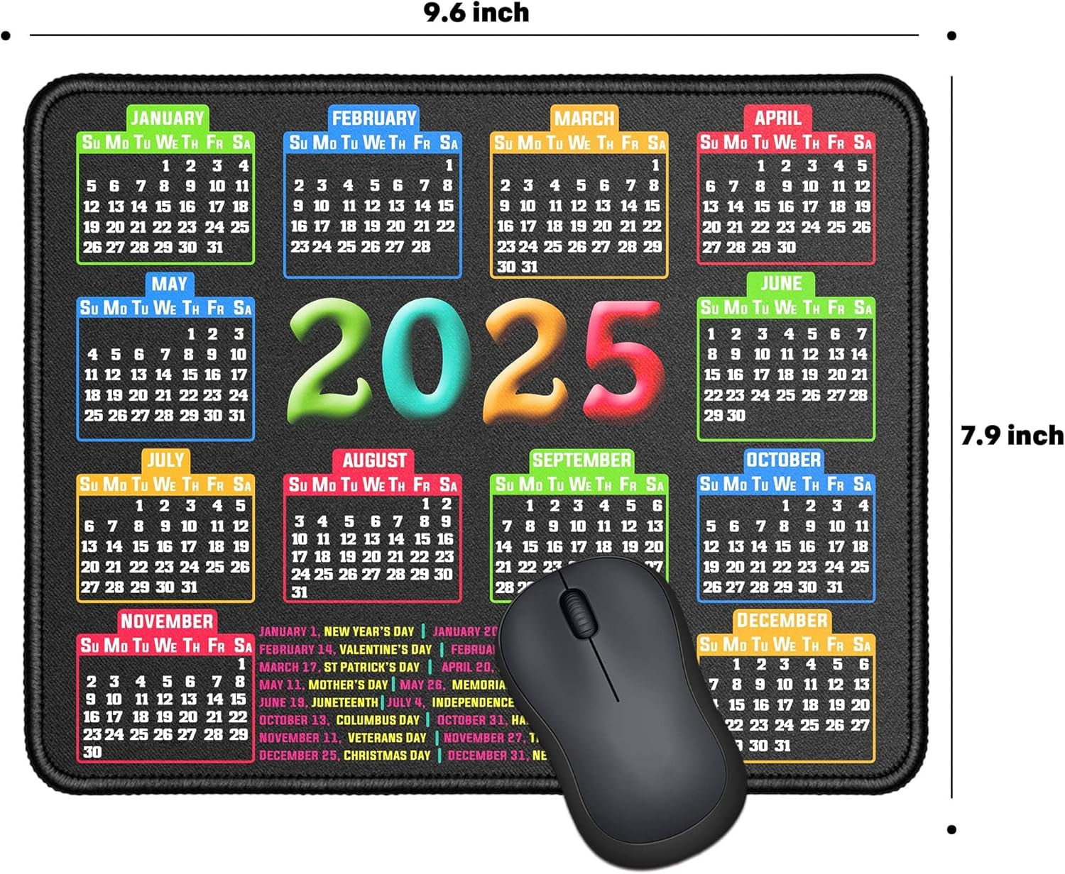 Stylish 2025 Calendar Black Mouse Pad with Stitched Edge & Non-Slip Base – Perfect for Home & Office Use (9.6x7.9 Inches)