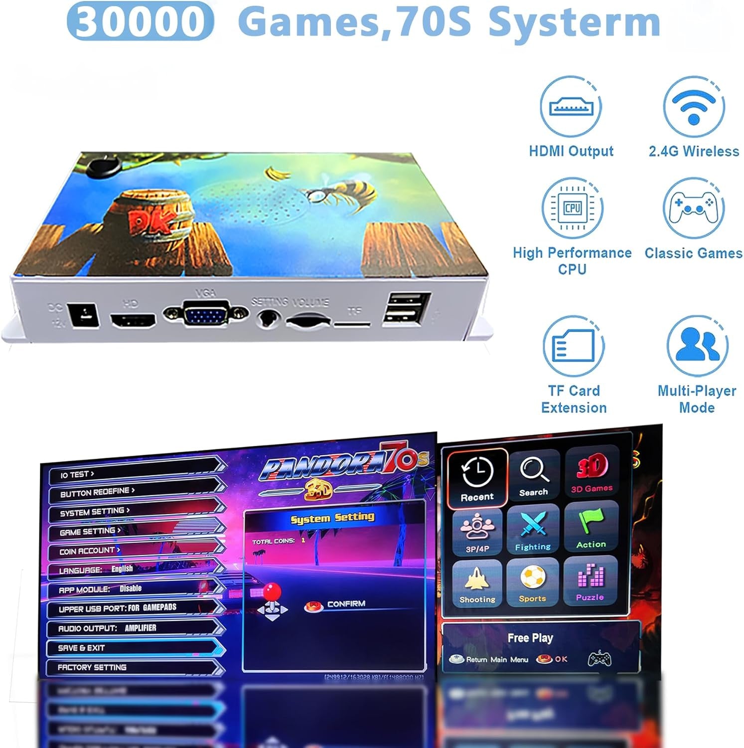 30000 in 1 Pandora Game Box 70S Mini Arcade Stick Retro Game Console,Plug and Play,10+ Emulators,128G TF Card,4K HDMI Output,Dual 2.4G Wireless Controllers