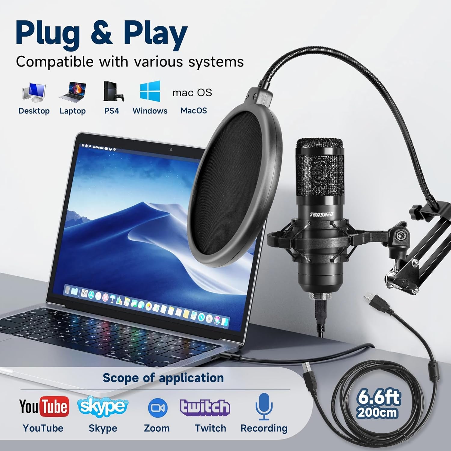 Professional USB Microphone Kit for Streaming & Recording - 192Khz/24Bit Studio Cardioid Condenser Mic with Boom Arm for Gaming, Singing & Podcasting