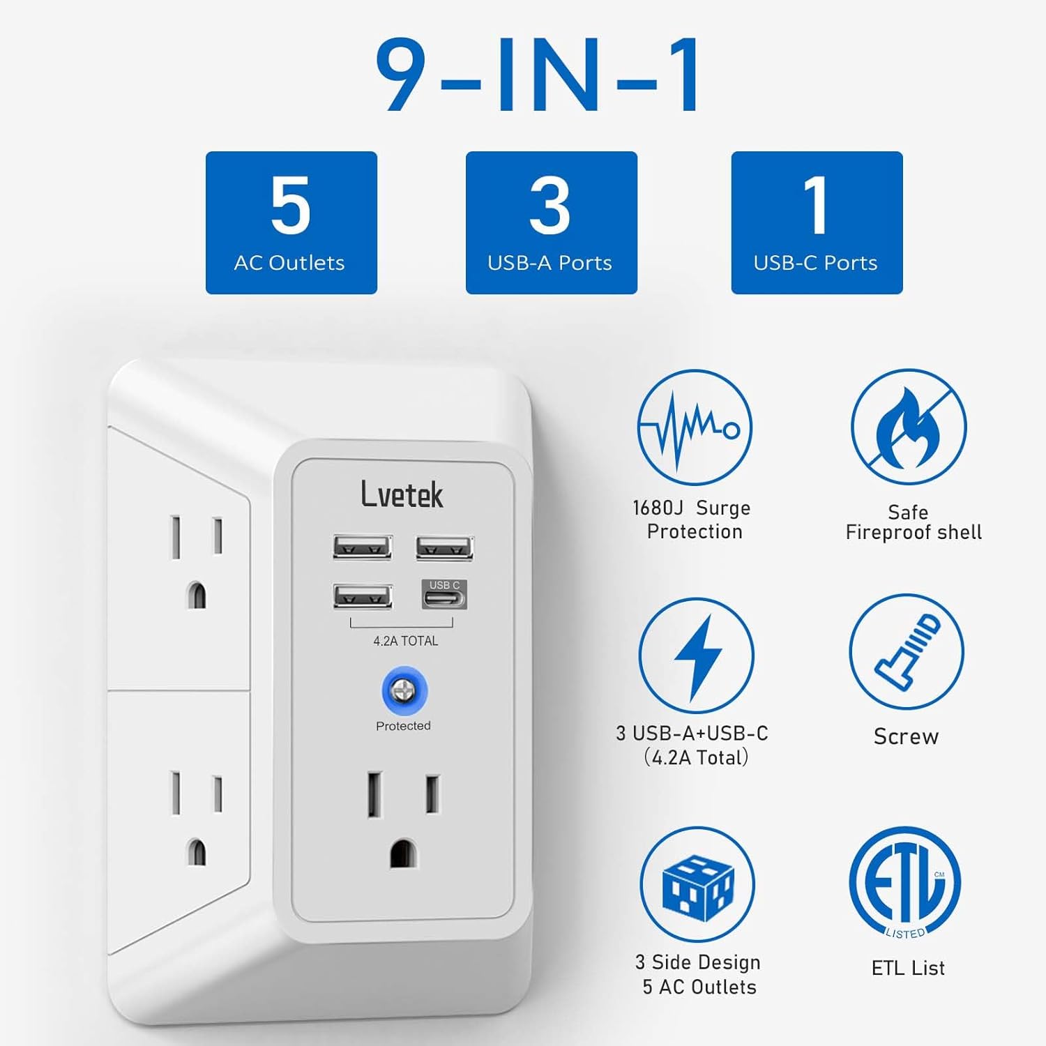 5-Outlet Surge Protector Wall Charger with 4 USB Ports - 1680J Multi Plug for Home, Office, Travel