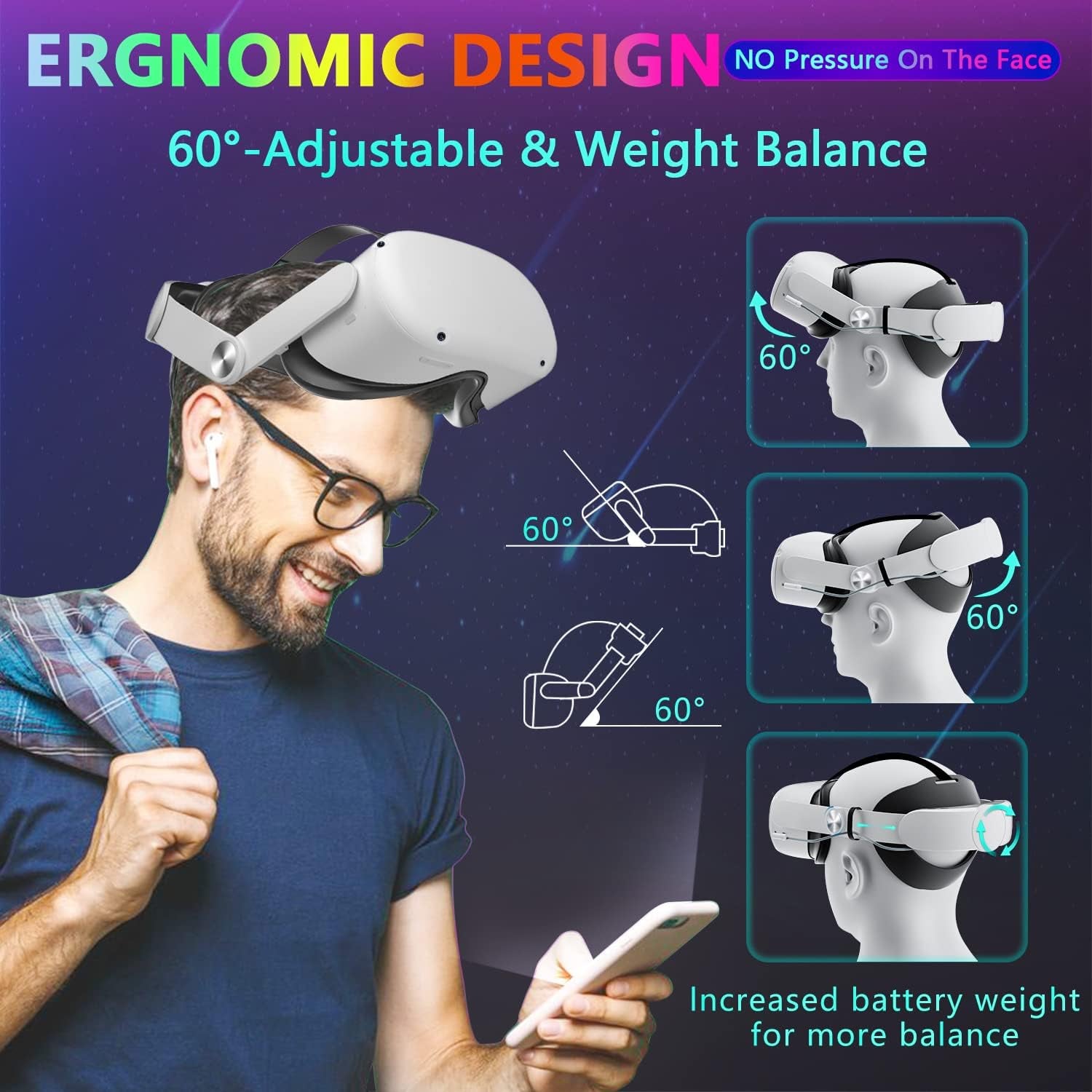 Head Strap with Battery for Oculus Quest 2, 10000Mah Battery Pack Extend 8H Playtime, Fast Charging VR Power, Adjustable Elite Strap Replacement Accessories for Oculus/Meta Quest 2