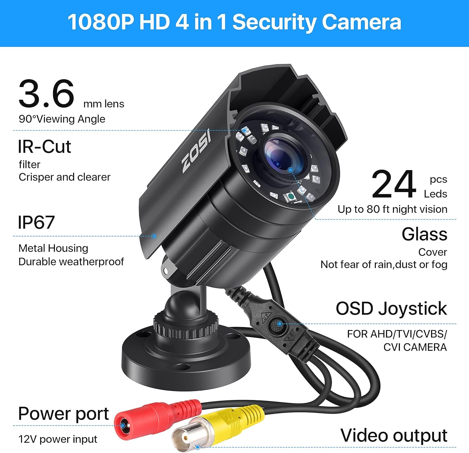 2.0MP 1080P HD Hybrid Security Camera - 4-in-1 CCTV with 80Ft IR Night Vision, Weatherproof for Indoor/Outdoor Use (Black)