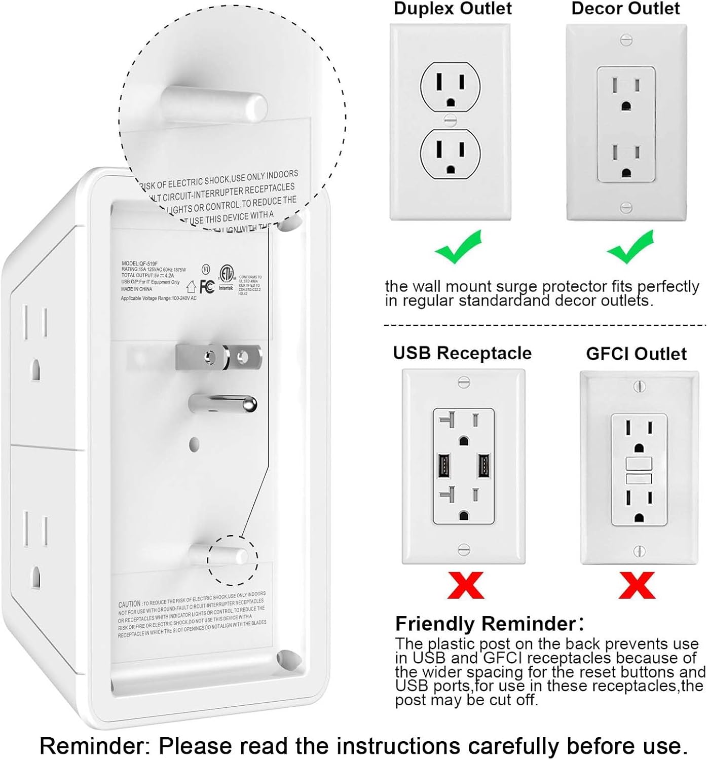 5-Outlet Surge Protector Wall Charger with 4 USB Ports - 1680J Multi Plug for Home, Office, Travel