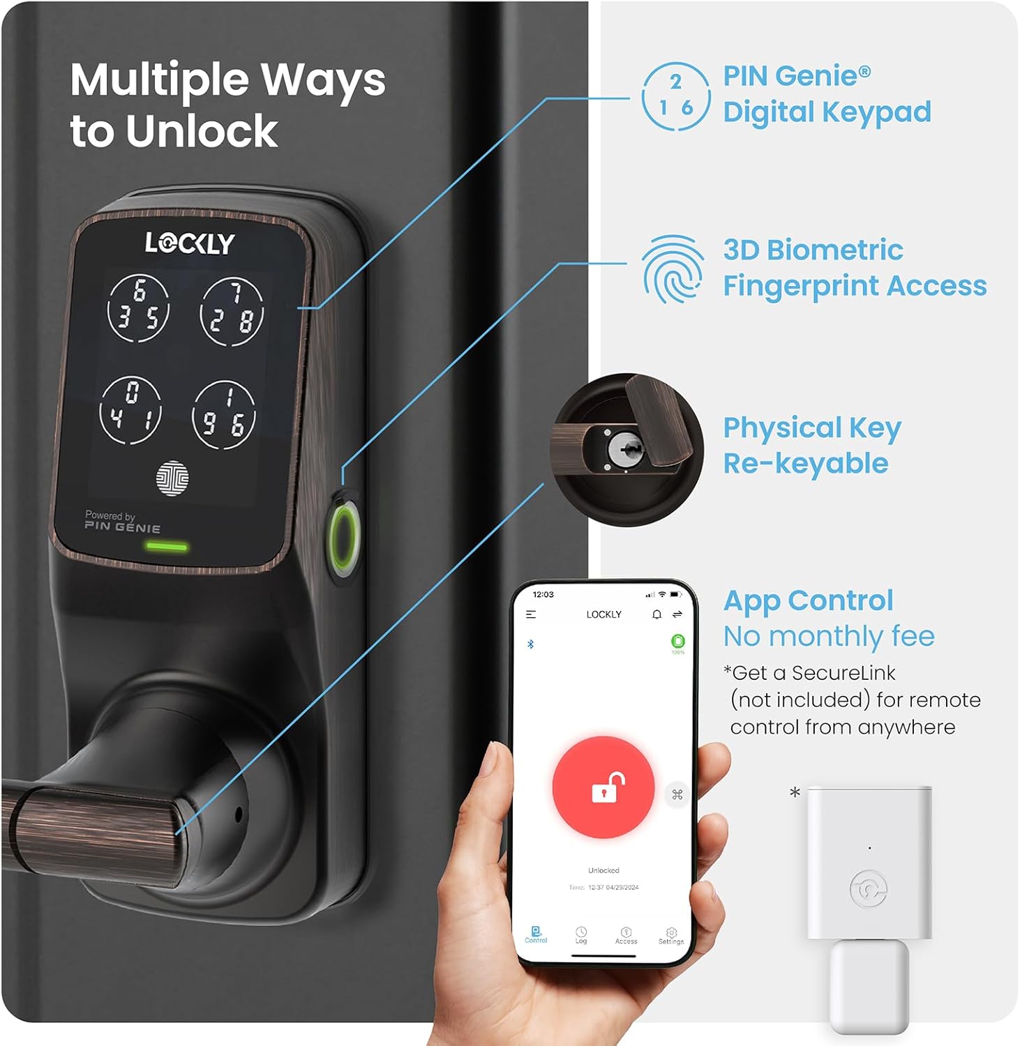 Secure Plus, Bluetooth Smart Lock, Keyless Entry Door Lock, PIN Genie® Keypad, 3D Biometric Fingerprint Sensor, Auto Lock - Venetian Bronze (PGD628FVB) - Latch Edition