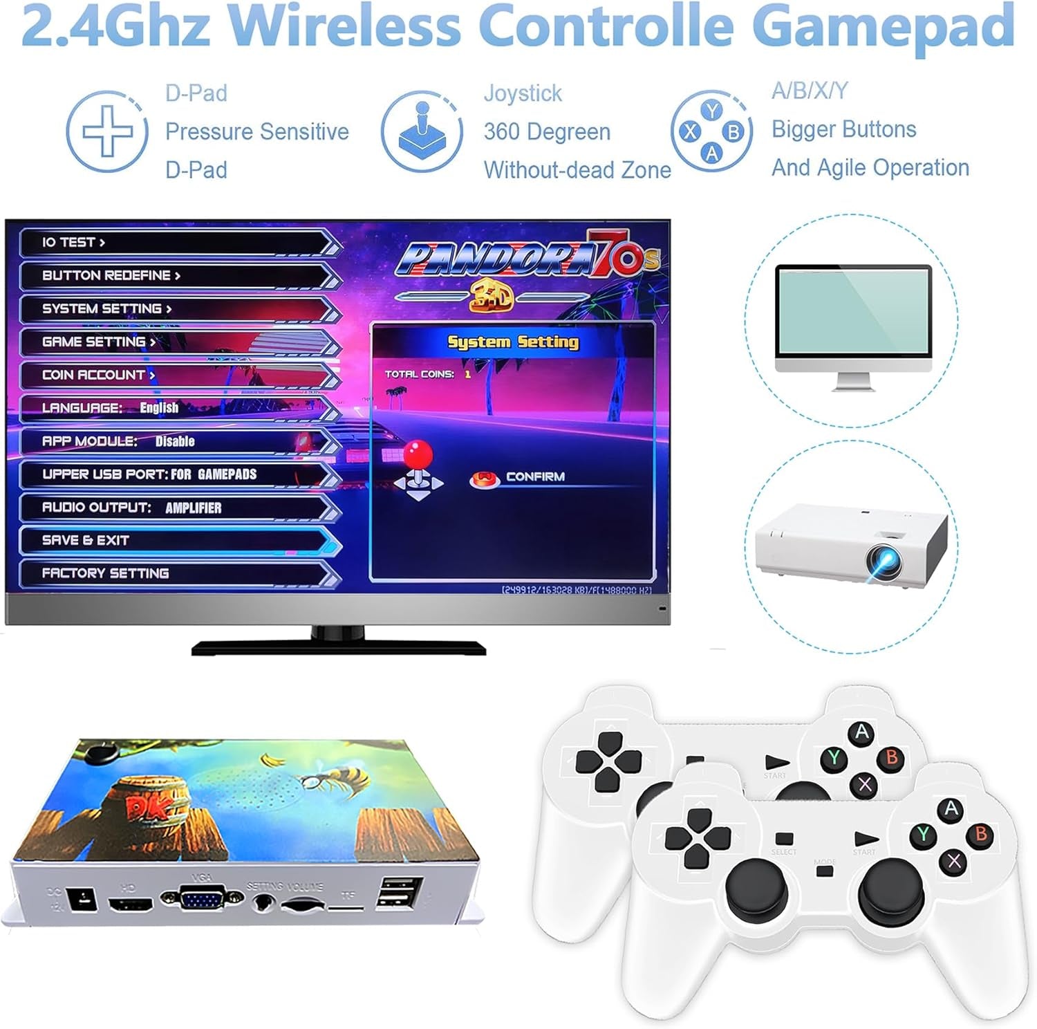 30000 in 1 Pandora Game Box 70S Mini Arcade Stick Retro Game Console,Plug and Play,10+ Emulators,128G TF Card,4K HDMI Output,Dual 2.4G Wireless Controllers