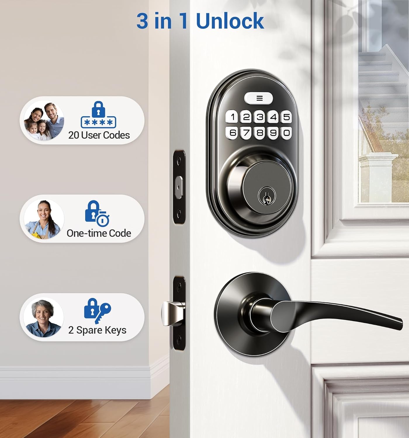 Keyless Entry Door Lock with 2 Lever Handles - Electronic Keypad Deadbolt, Auto Lock, Back Lit & Easy Installation Design, Front Door Handle Sets, Matte Black