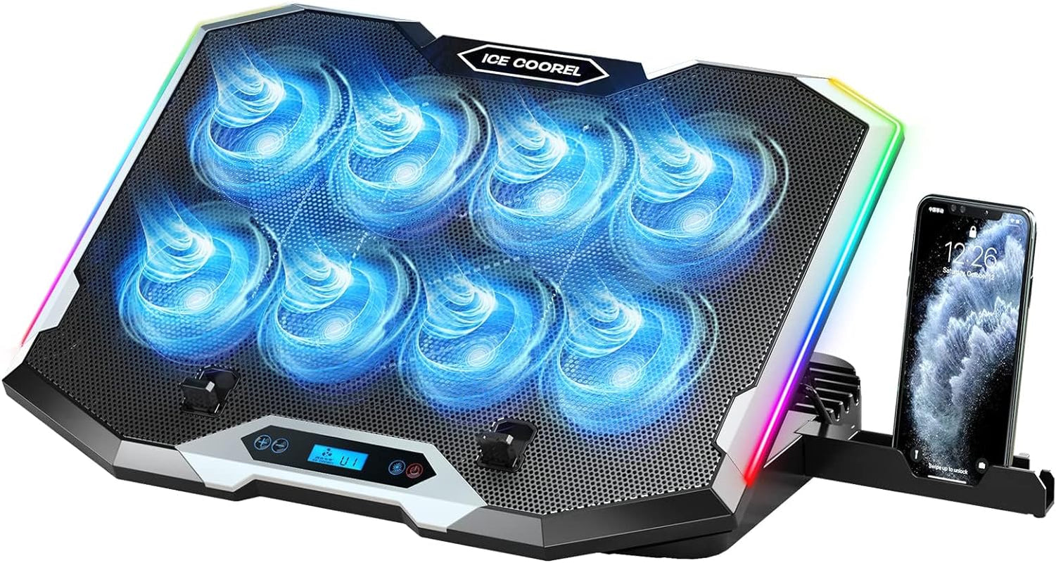 RGB Gaming Laptop Cooling Pad - 8 Fans, Adjustable Heights & USB Ports for Ultimate Cooling Efficiency (Fits 15-17.3 Inch Laptops)