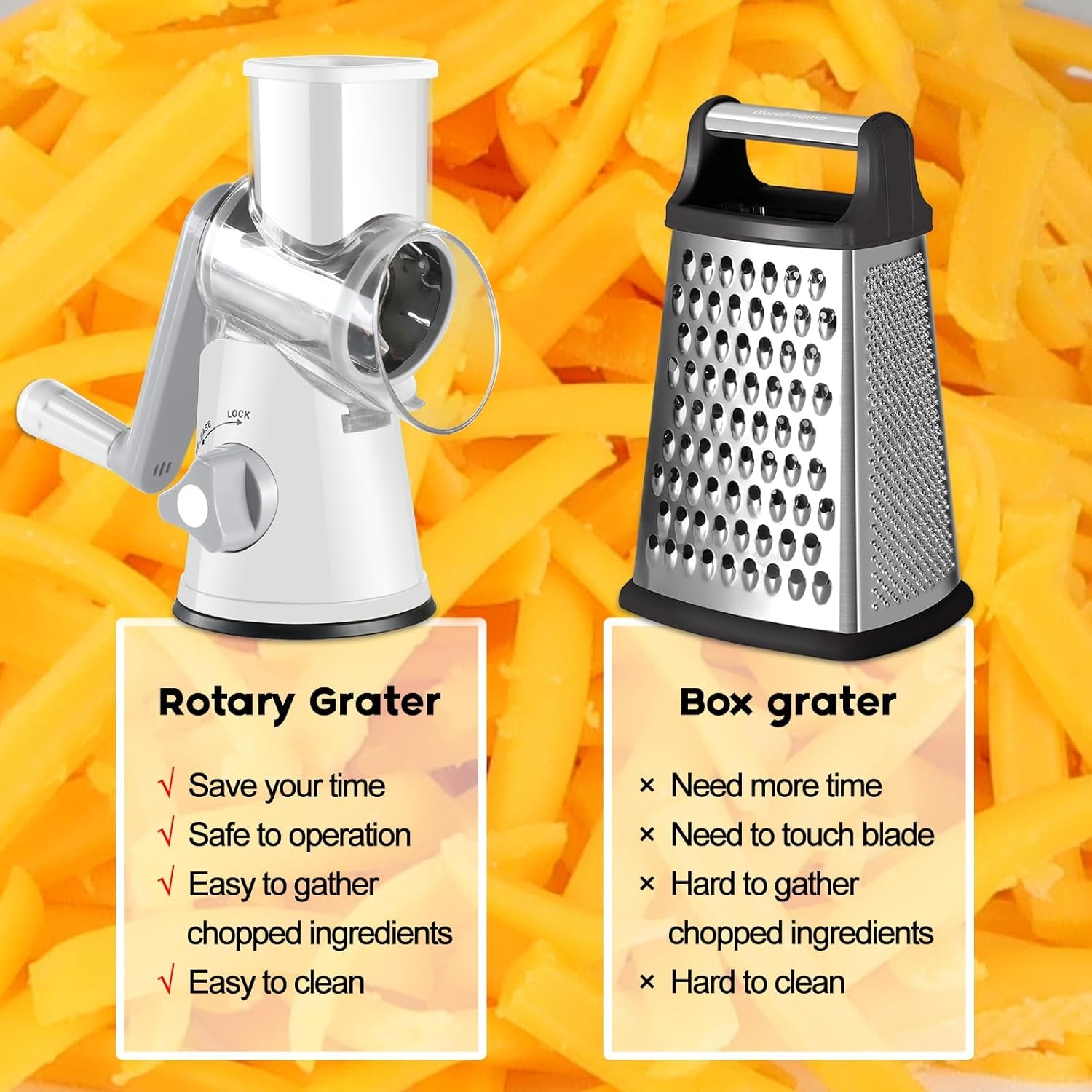 Rotary Cheese Grater Hand Crank, Kitchen Shredder Speed Mandolin Slicer Nuts Grinder with Handle and Drum Blades for Cheese, Vegetable, Walnuts, Chocolate, Potato, Carrot, 3 Blades, White