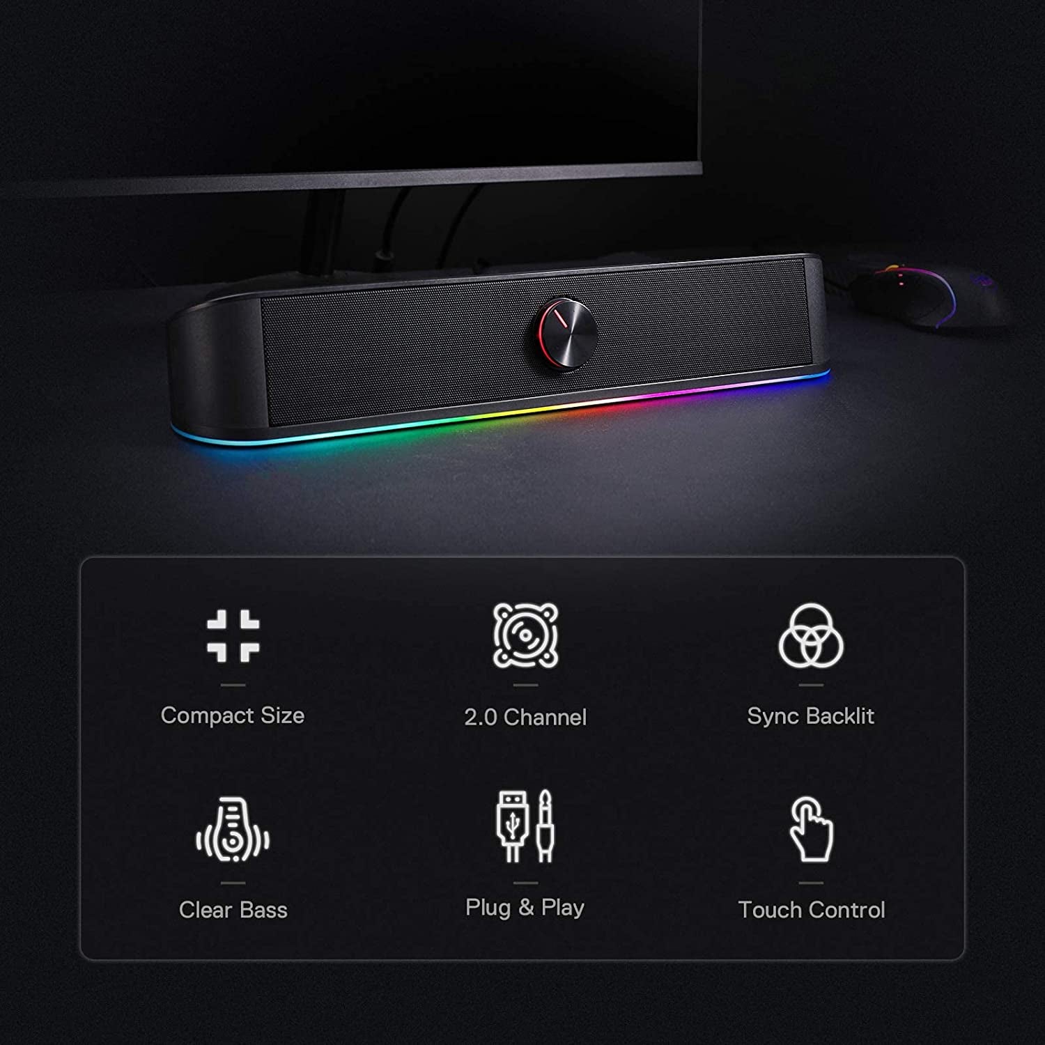 GS560 RGB Desktop Soundbar - 2.0 Channel Computer Speaker with Dynamic Lighting, Touch Control, USB Powered & 3.5mm Connectivity, Sleek Black Finish