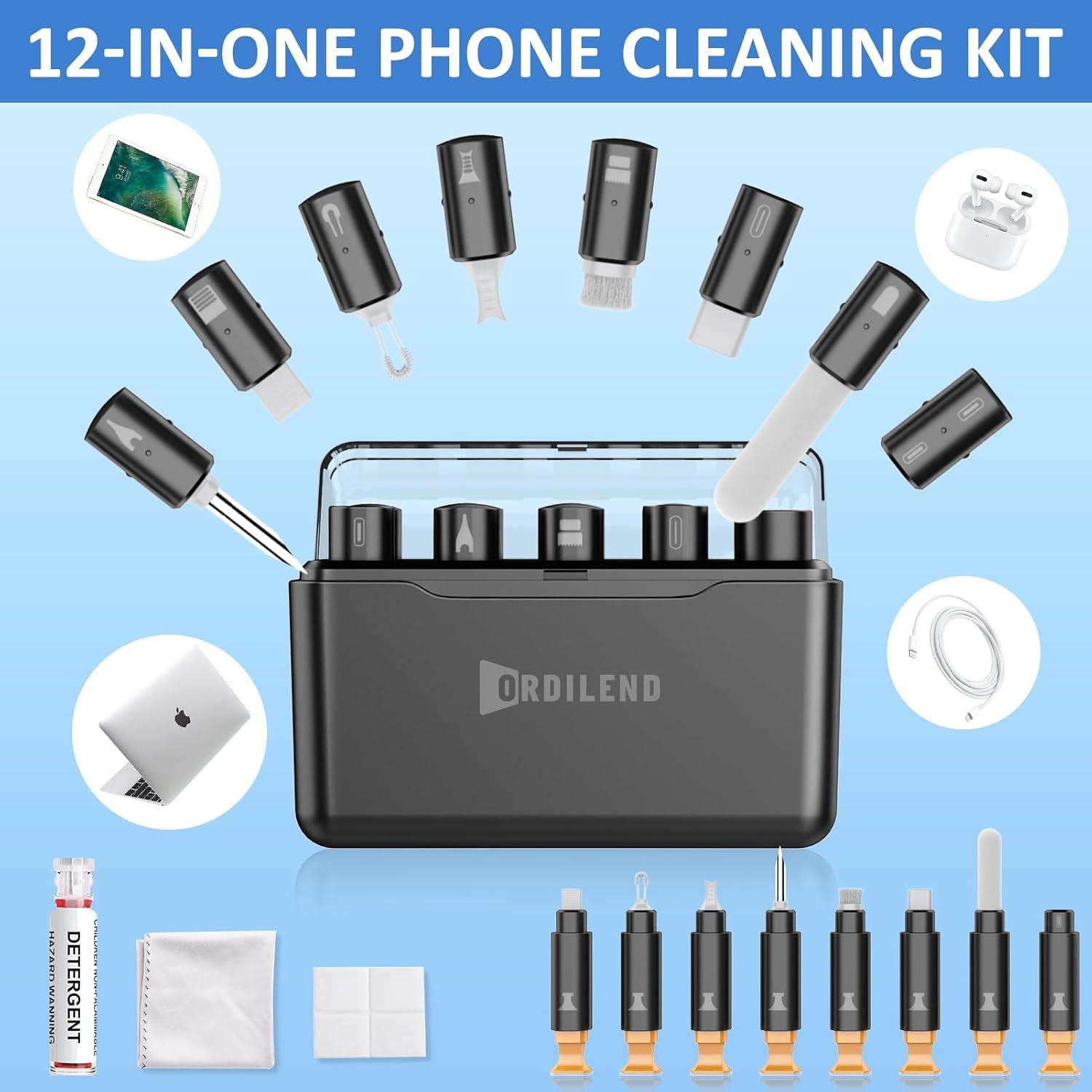 for Iphone Cleaning Kit for Charging Port Cleaner, Multi-Tool Iphone Cleaner Repair Lightning Cable,Phone Cleaning Kit for Iphone,Ipad,Connectors,Speaker, Airpod Cleaner Kit with Storage Case