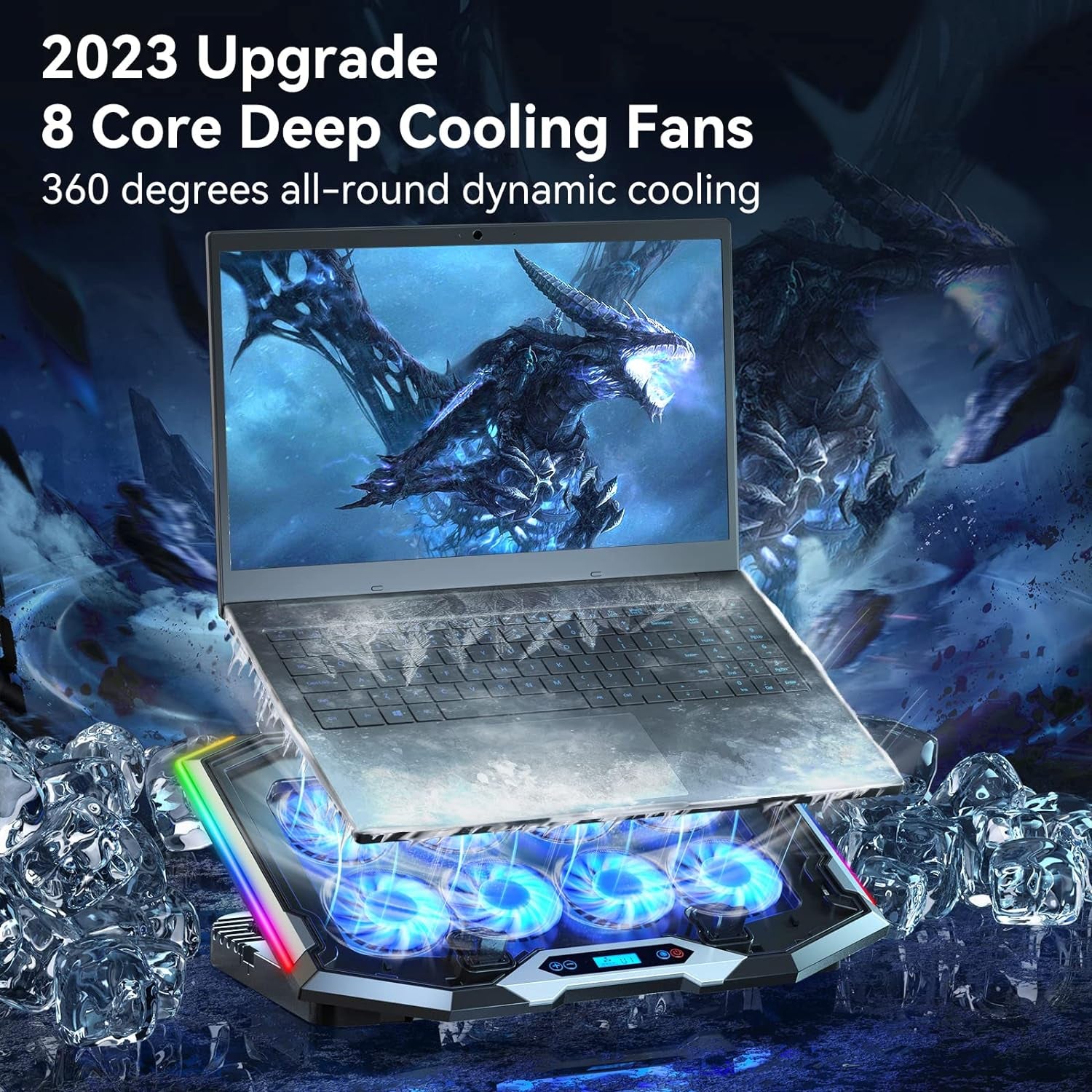 RGB Gaming Laptop Cooling Pad - 8 Fans, Adjustable Heights & USB Ports for Ultimate Cooling Efficiency (Fits 15-17.3 Inch Laptops)