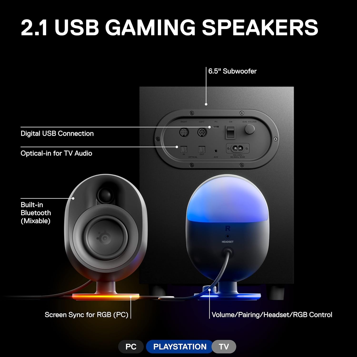 Arena 7 RGB 2.1 Gaming Speakers - Immersive Audio with Powerful Bass, Subwoofer, and Bluetooth for PC, Playstation, and Mobile