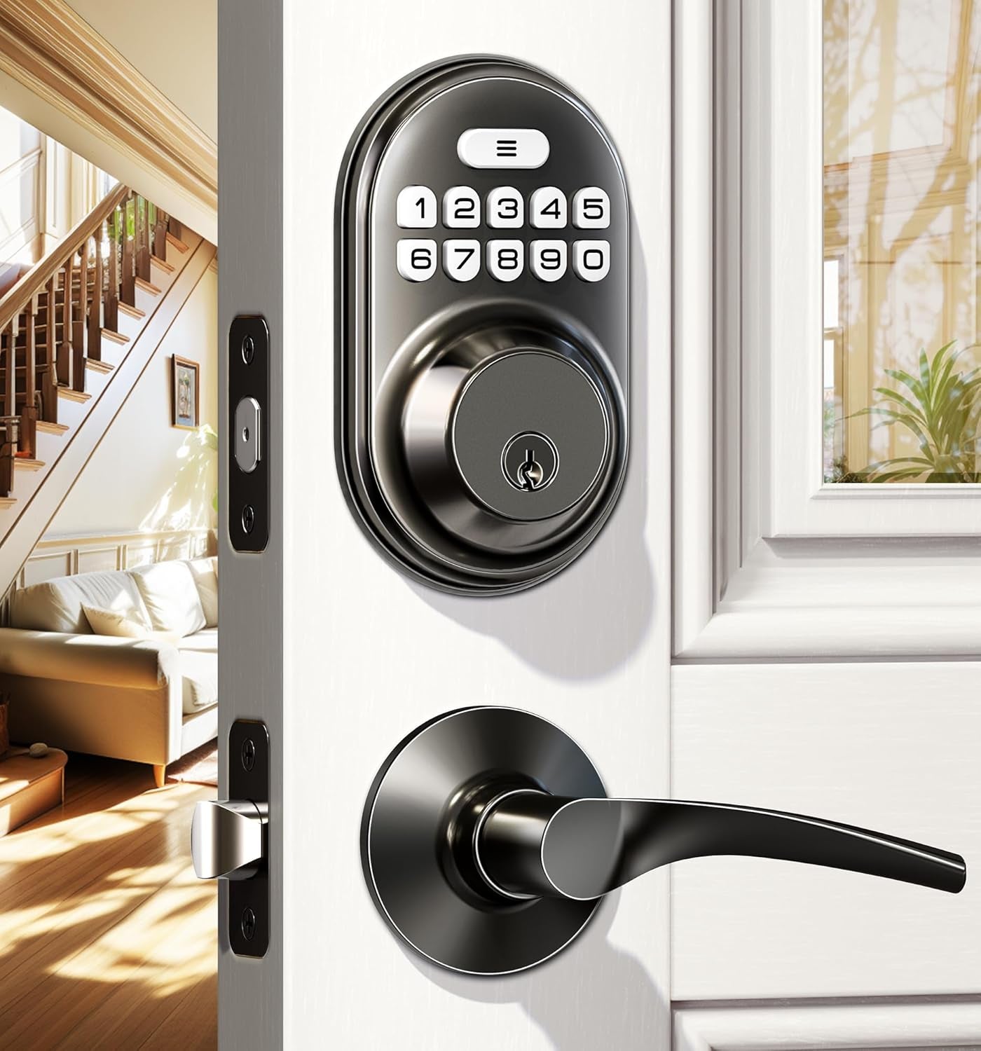 Keyless Entry Door Lock with 2 Lever Handles - Electronic Keypad Deadbolt, Auto Lock, Back Lit & Easy Installation Design, Front Door Handle Sets, Matte Black