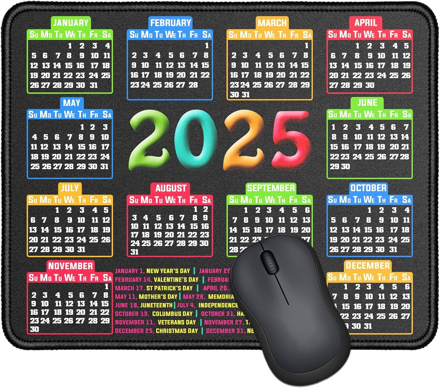 Stylish 2025 Calendar Black Mouse Pad with Stitched Edge & Non-Slip Base – Perfect for Home & Office Use (9.6x7.9 Inches)